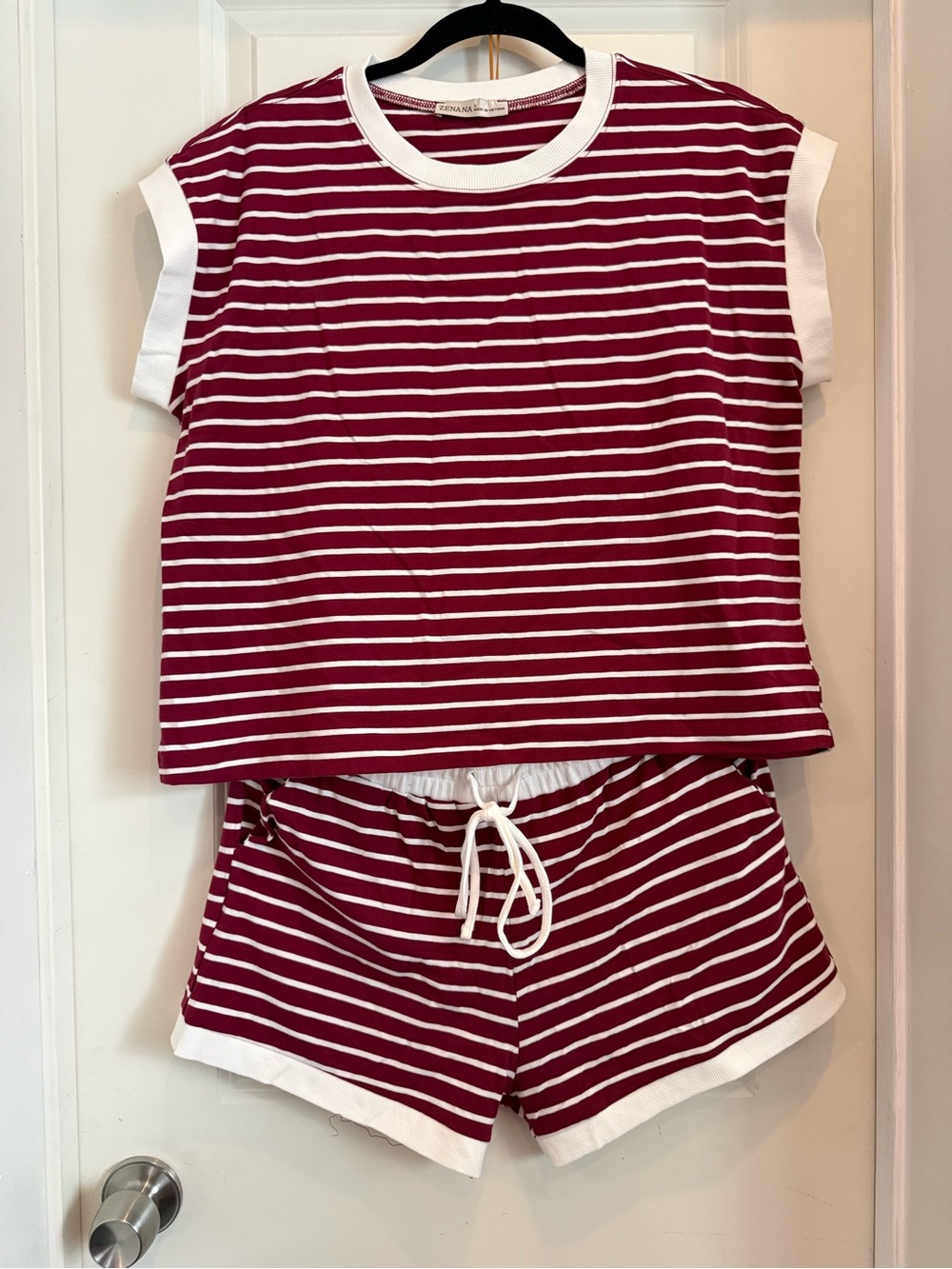 Zenana Striped Shorts Set - Cabernet & White (small)
